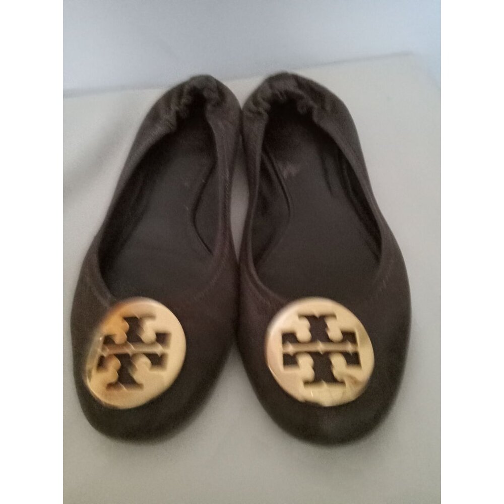 Tory Burch Brown Leather Logo Ballet Flats Size 8.5 Packable Comfort